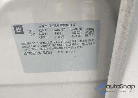 2012 Chevrolet Cruze Ls z USA, uszkodzony, nr VIN 1G1PC5SH8C7232291